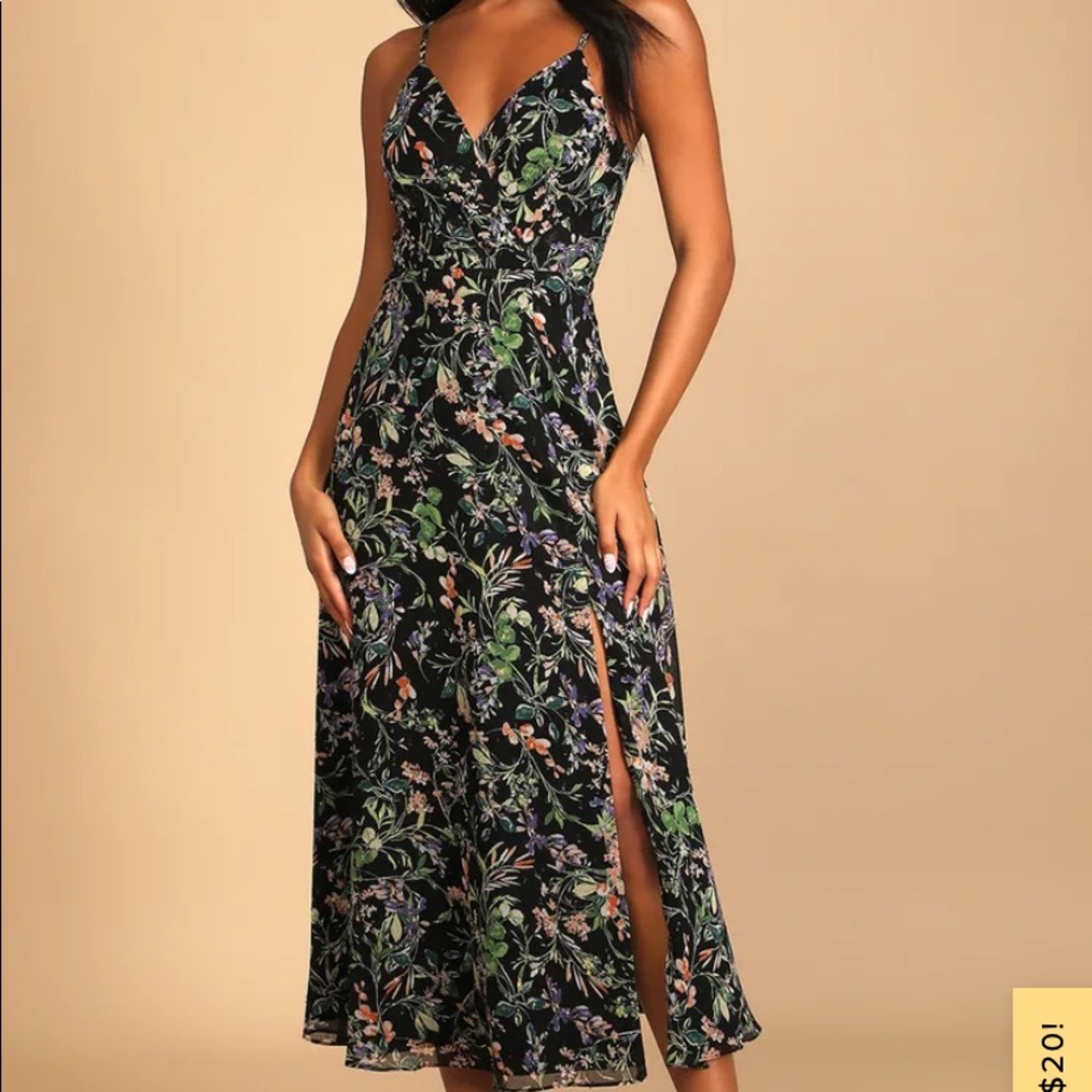 Black floral midi - maxi wedding guest dress